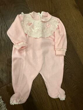 Vintage Pink Baby Footed One-Piece with Ruffle Bib